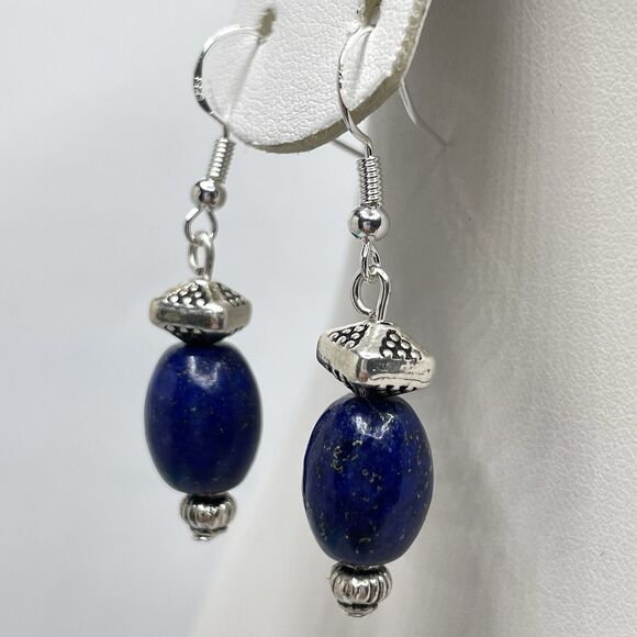 Artisan Silver Plated Blue Lapis Lazuli Stone Beaded Dangle Earrings Boho Cute - Picture 3 of 7